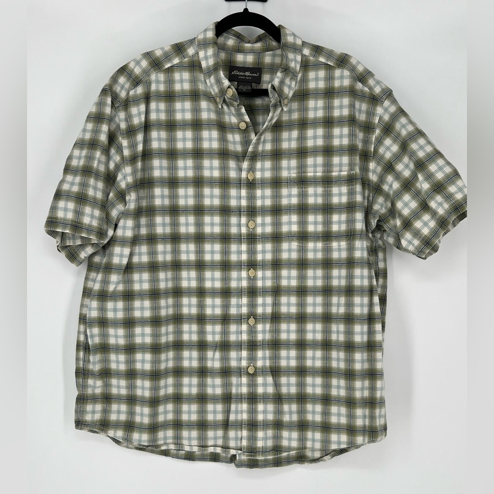 Eddie Bauer button-down shirt features a classic green blue & white plaid design